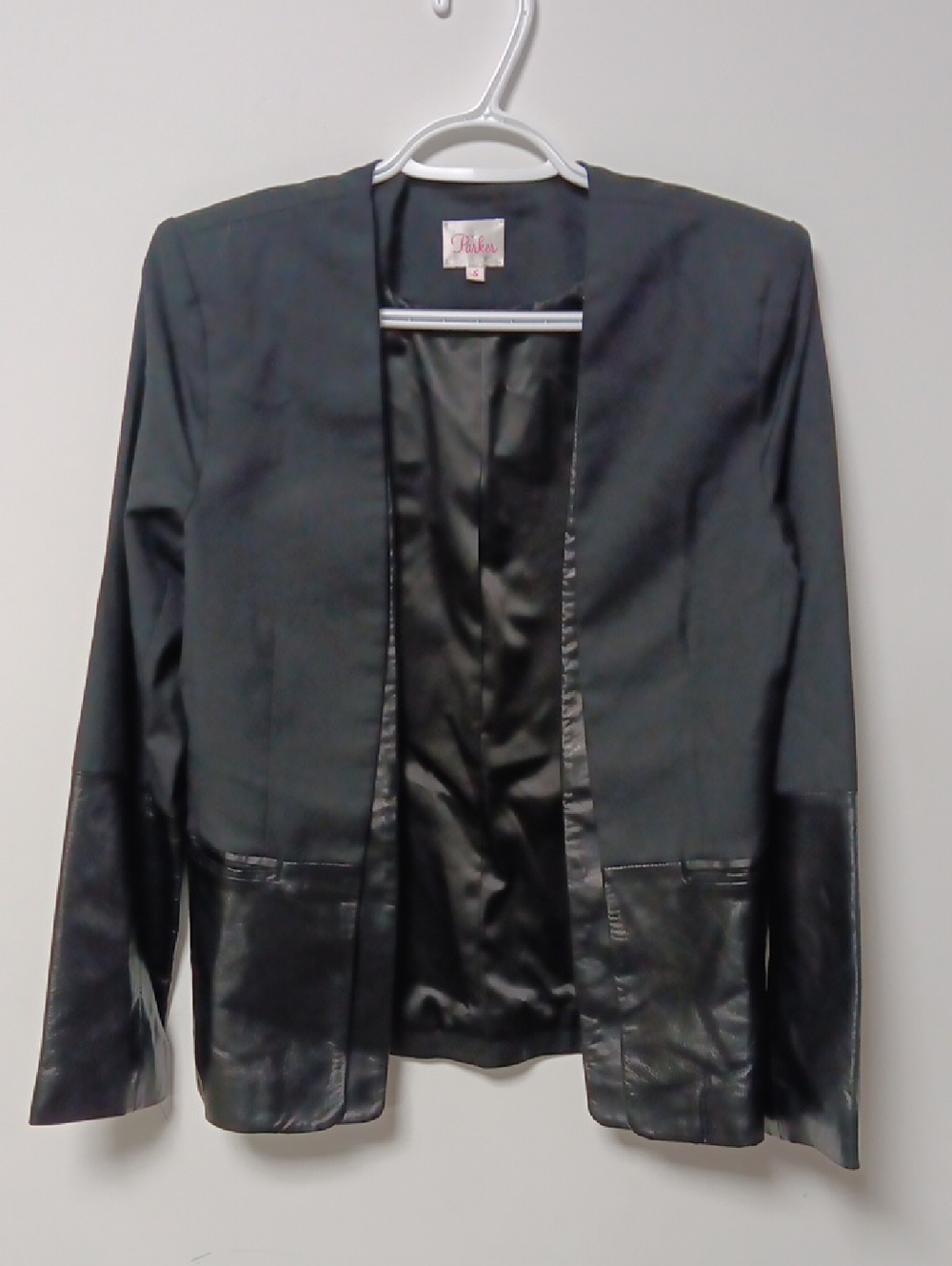 Parker Black Wool Open Blazer with Leather Trim